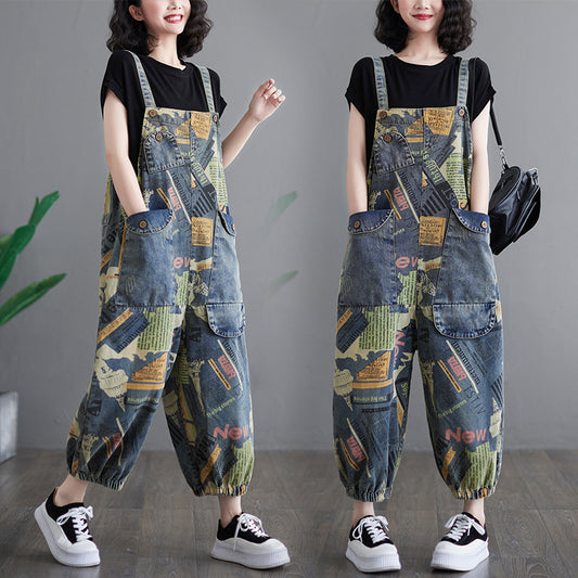 Women’s Retro Printed Denim Overalls – Artistic Loose Fit Jumpsuit, Vintage High Waist Wide Leg Pants, Korean Streetwear Casual One-Piece Fashion | Artistic retro printed denim overalls for women fashionable ankle binding one-piece overalls