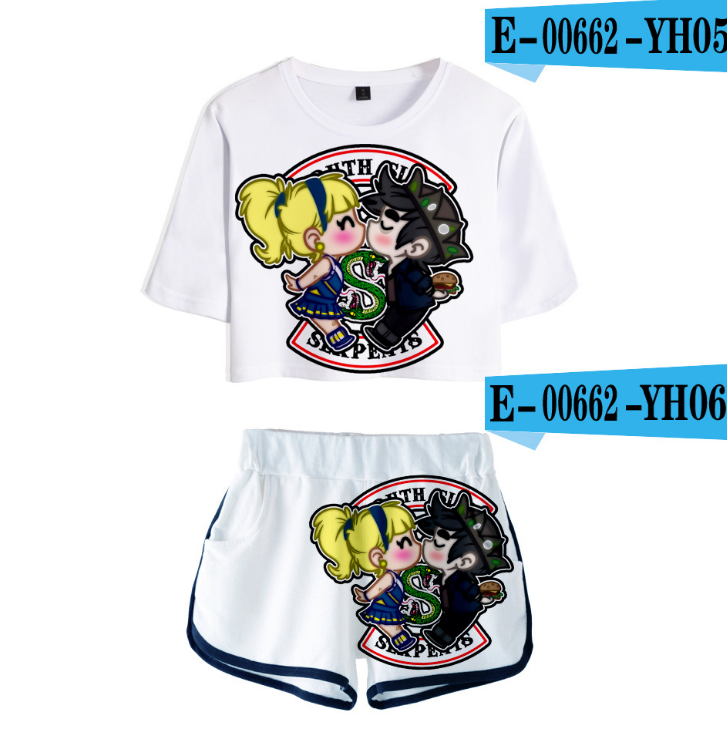 Mighty Lifestyle Pop Culture Graphic Two-Piece Outfit | BTS Riverdale Southside Serpents Crop Top & Shorts Tracksuit Set for Women