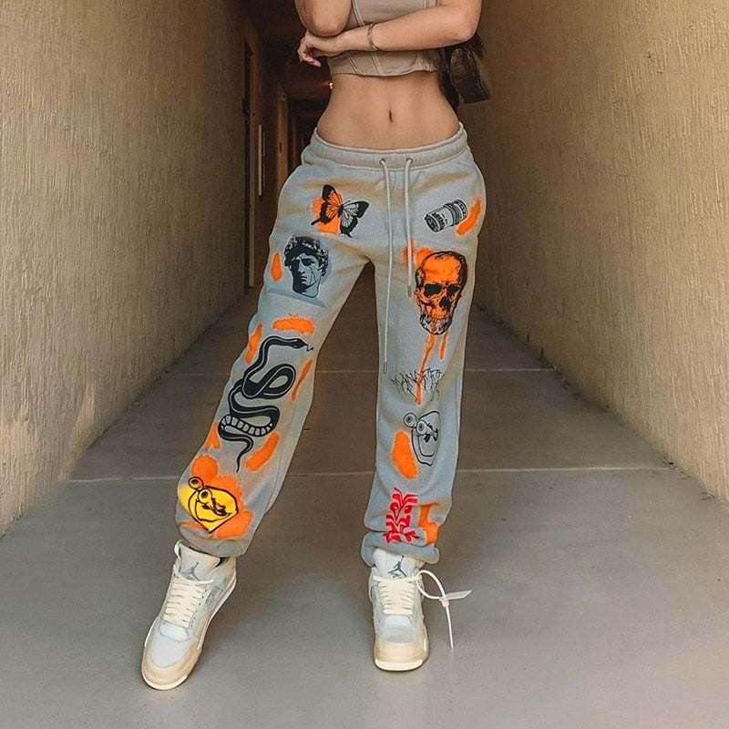 Trendy Sweat Pants Graphic Women Jogger Harajuku Cartoon Printed Trousers Jogger Drawstring Cargo Pant Streetwear Casual Sweatpant Autumn