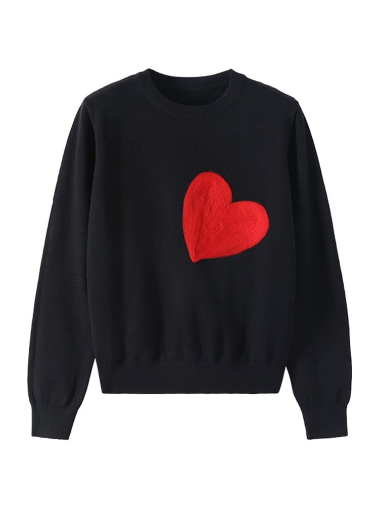 Valentine Sweater Minimalist | Women Knit Sweater Embroidery Red Heart O-Neck Simple Style Fall Spring Autumn Slim Pullover Harajuku