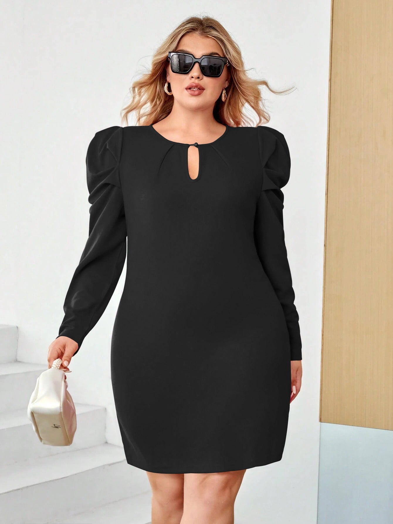 Henrietta Hollow Waist Wrap Hip Dress — Black Solid Knitted A-Line Short Skirt Dress for Women | Plus Size Fashion Dress with Hollow Out & Sheep Leg Sleeves