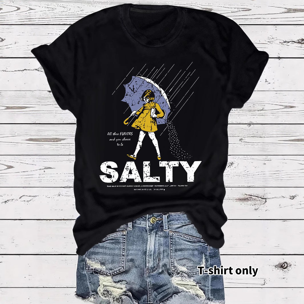 Salty Tshirt short sleeved salty emoji for girls holding umbrellas