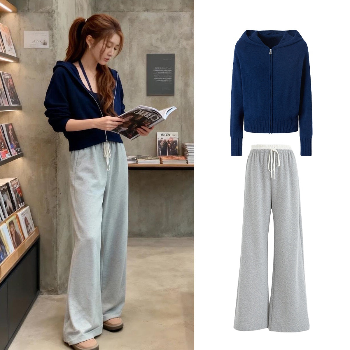 Knitted Zip-Up Hoodie Short Jacket Women's Comfy Streetwear-Style Casual Long Pants Belted Set