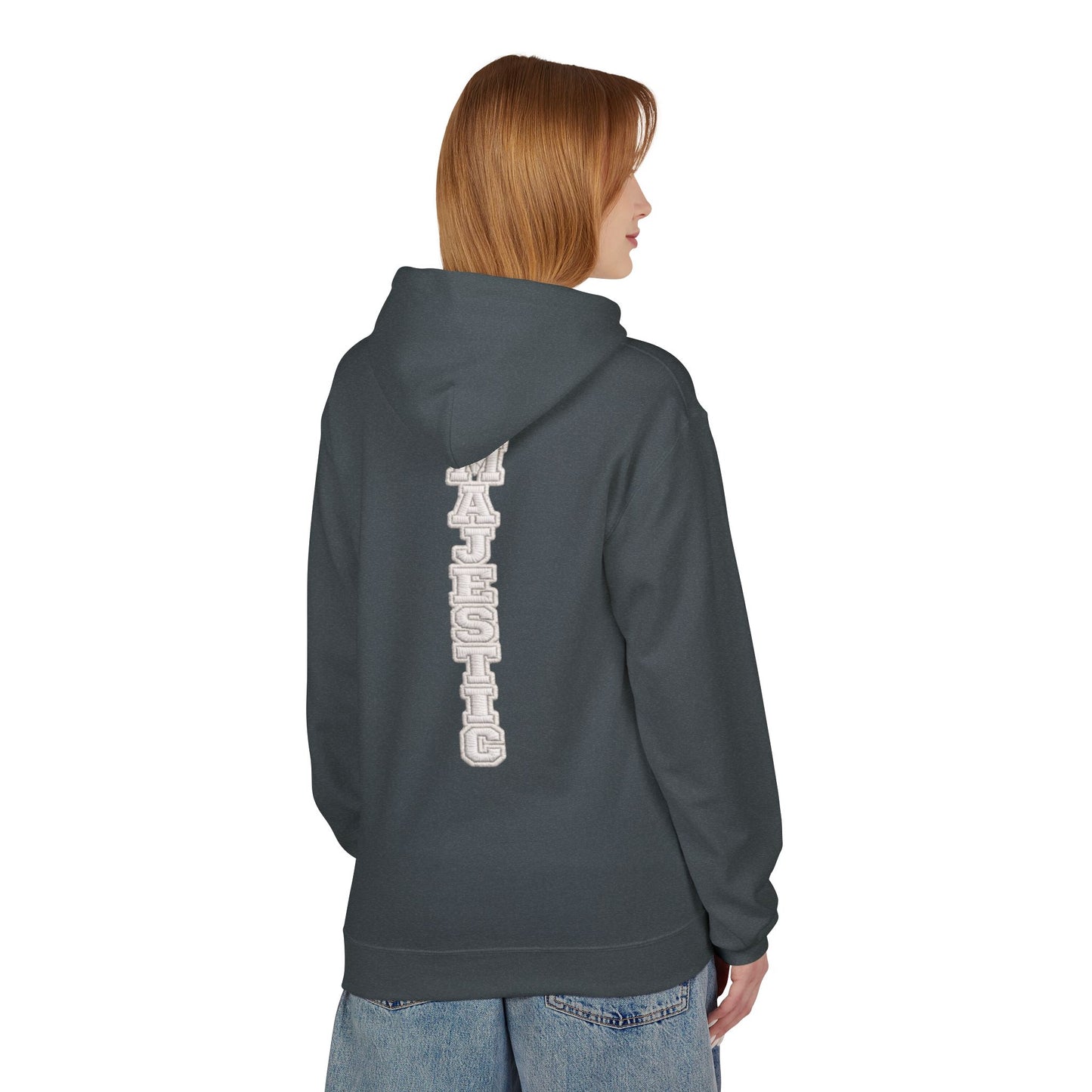 Majestic Vertical Text Hoodie — Minimal White Graphic Pullover Christian Hoodie Godly Hoodie Sports Hoodie Mighty Lifestyle Hoodie
