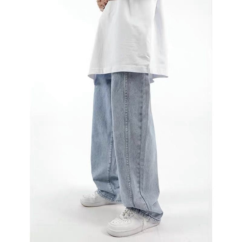 Loose pants handsome jeans men straight leg beige casual pants with classic version retro trend pants for hair