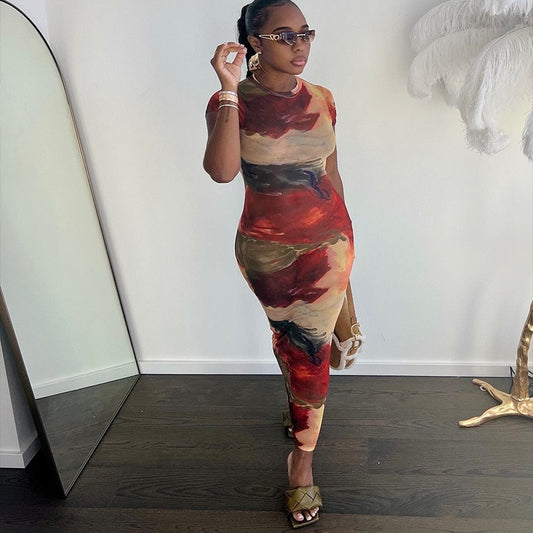 Mighty Lifestyle Rell Round necked pullover short sleeved buttocks wrapped skirt, elegant casual dress