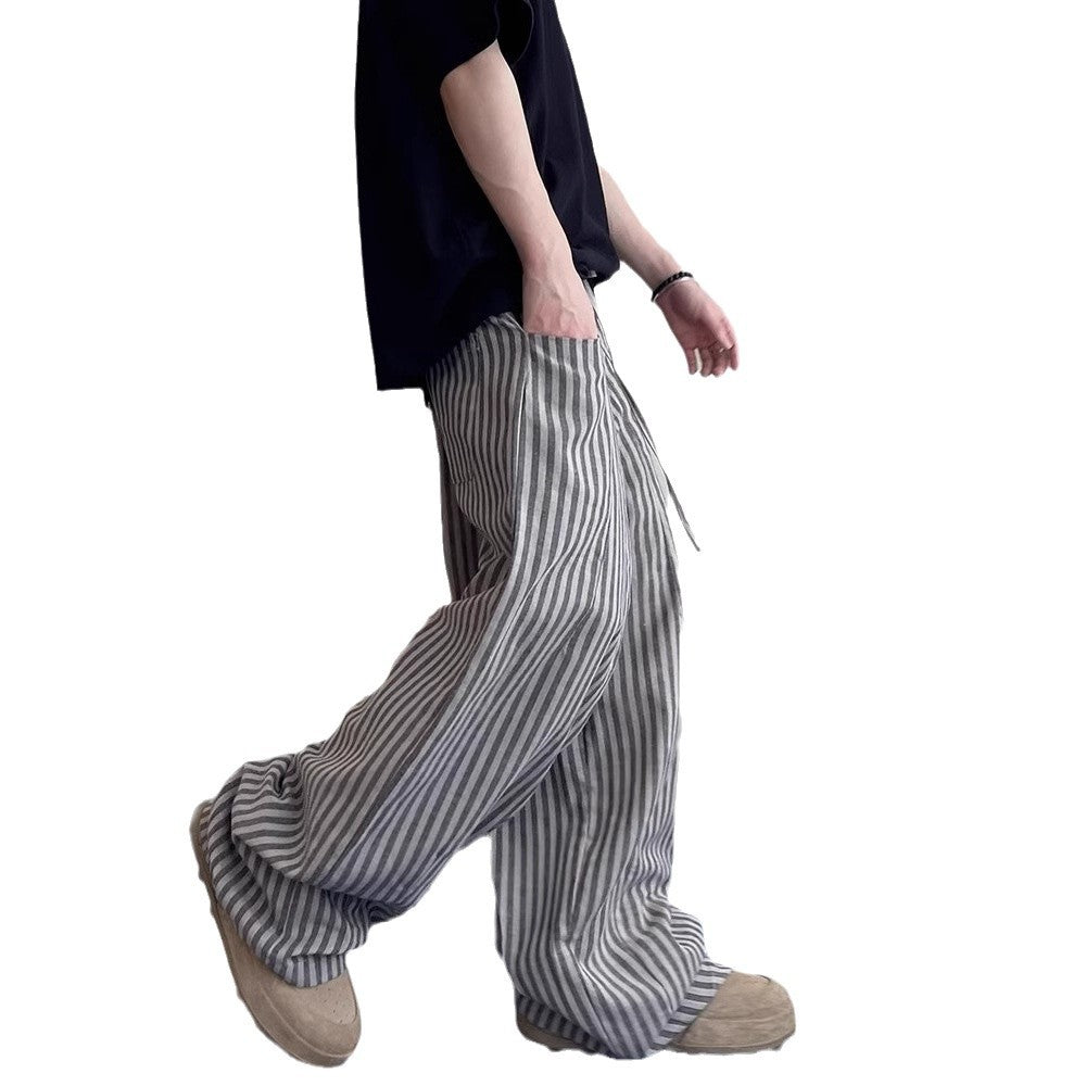 Spring and autumn laid-back, relaxed, loose vertical striped, versatile casual straight-leg pants, floor-length pants for men