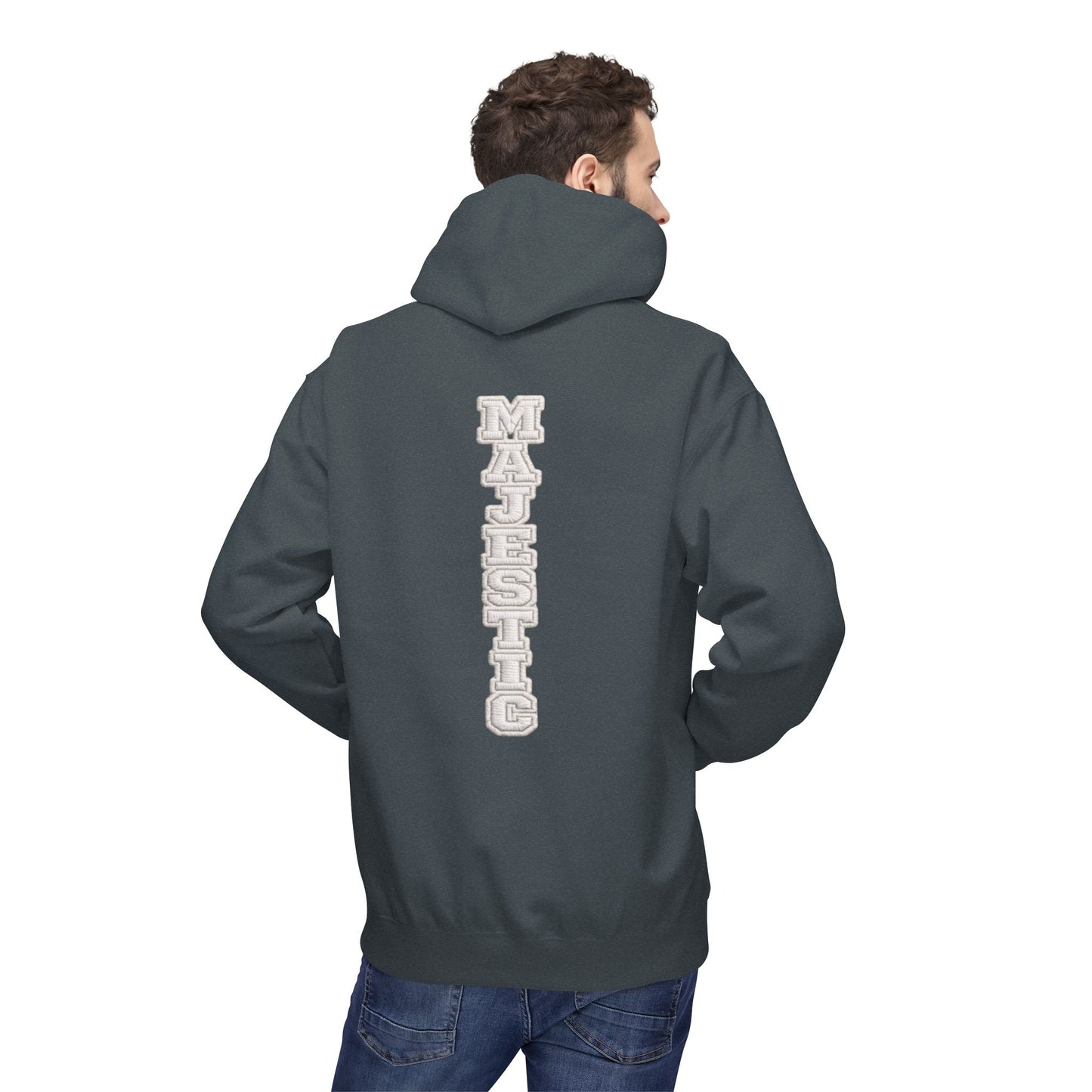 Majestic Vertical Text Hoodie — Minimal White Graphic Pullover Christian Hoodie Godly Hoodie Sports Hoodie Mighty Lifestyle Hoodie