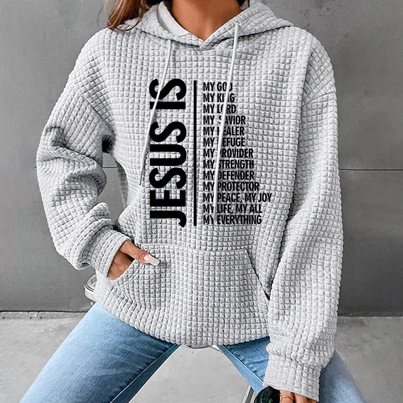 Jesus Is Hoodie – Women’s Waffle Knit Christian Sweatshirt | Faith-Based Pullover | Inspirational Bible Verse Hoodie for Women
Jesus Is Hoodie Women's Letter Print Hooded Waffle Sweatshirt Faith Based Hoodie Christian Hoodie