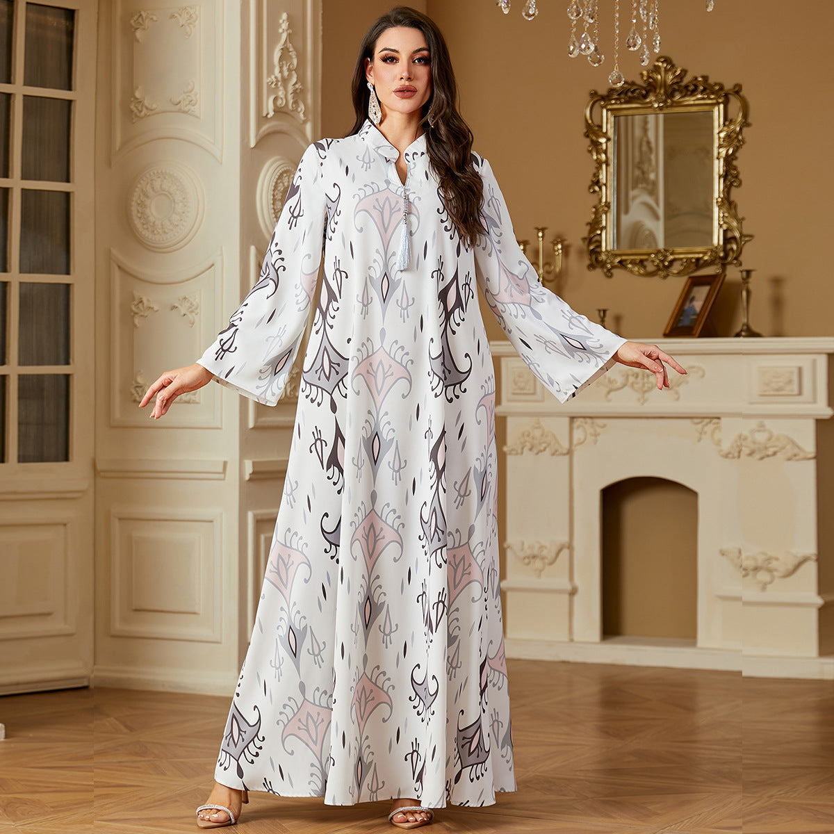 Classy Moo Moo Lounge Kaftan for Women – Loose Sleep Dress, Long Robe House Dress, Boho Ethnic Tribal Print MuuMuu – Comfortable Relaxed Fit Long Sleeve Maxi Dress