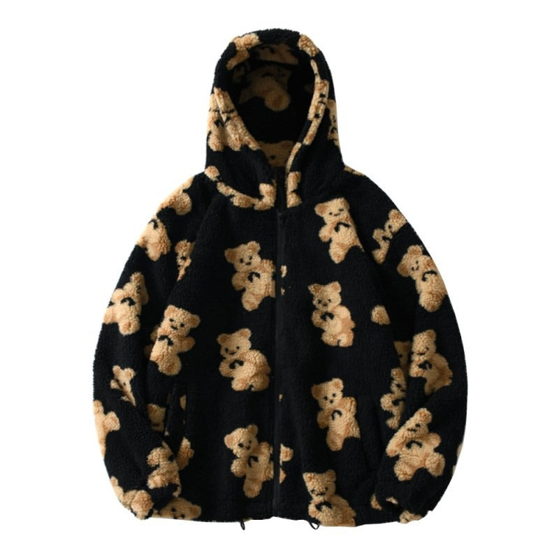 Women’s Teddy Bear Plush Hoodie – Cozy Thickened Winter Zip-Up Sweatshirt with Pockets | Soft Cartoon Bear Print Fleece Jacket | Viral Aesthetic Fall Sweater
