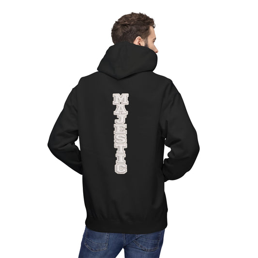 Majestic Vertical Text Hoodie — Minimal White Graphic Pullover Christian Hoodie Godly Hoodie Sports Hoodie Mighty Lifestyle Hoodie
