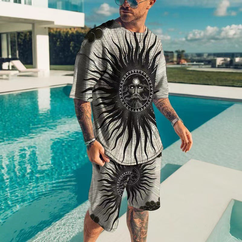 Colby Men’s 3D Printed Two-Piece Set – Short Sleeve Round Neck Shirt and Shorts for Streetwear, Gym, and Casual Style | 3D printed men's round neck short sleeved casual T-shirt set for men