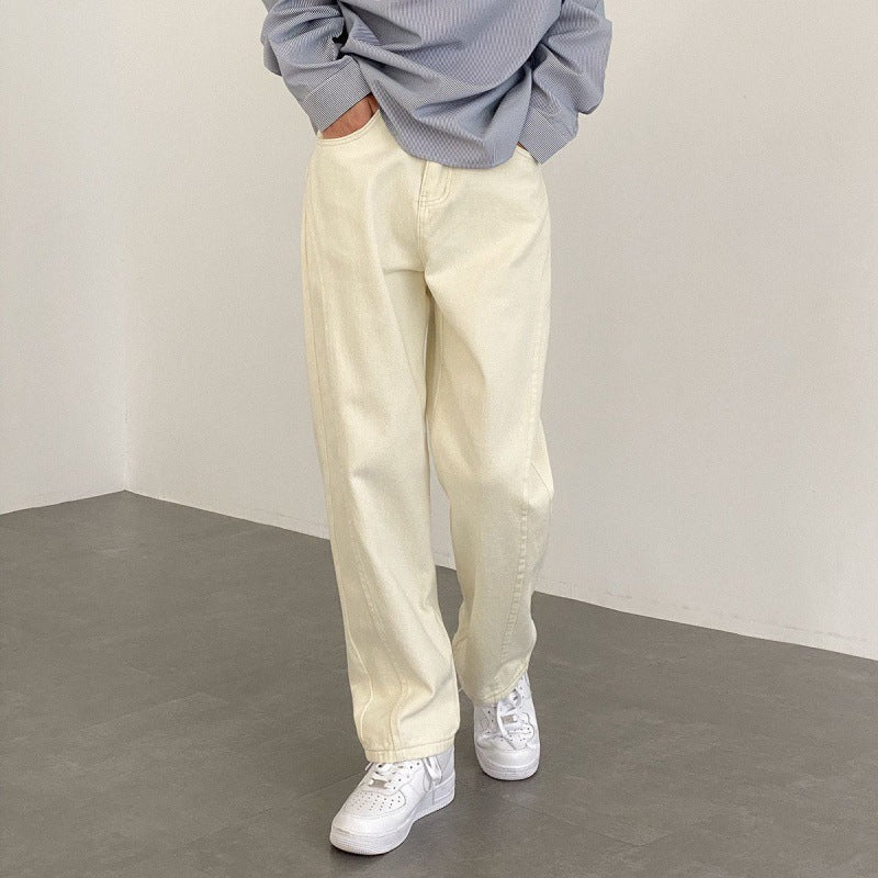 Loose pants handsome jeans men straight leg beige casual pants with classic version retro trend pants for hair