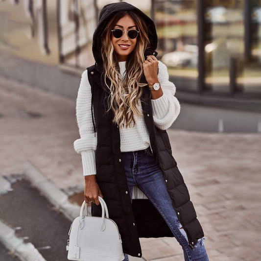 Women’s Hooded Sleeveless Puffer Vest Coat – Mid-Length Cotton-Filled Outerwear Jacket with Zipper, Casual Streetwear Layered Look, Trendy Winter Fashion by Mighty LifNunu Casual Solid Color Hooded Slim Fit Style Sleeveless Cardigan Mid length Cotton Coat