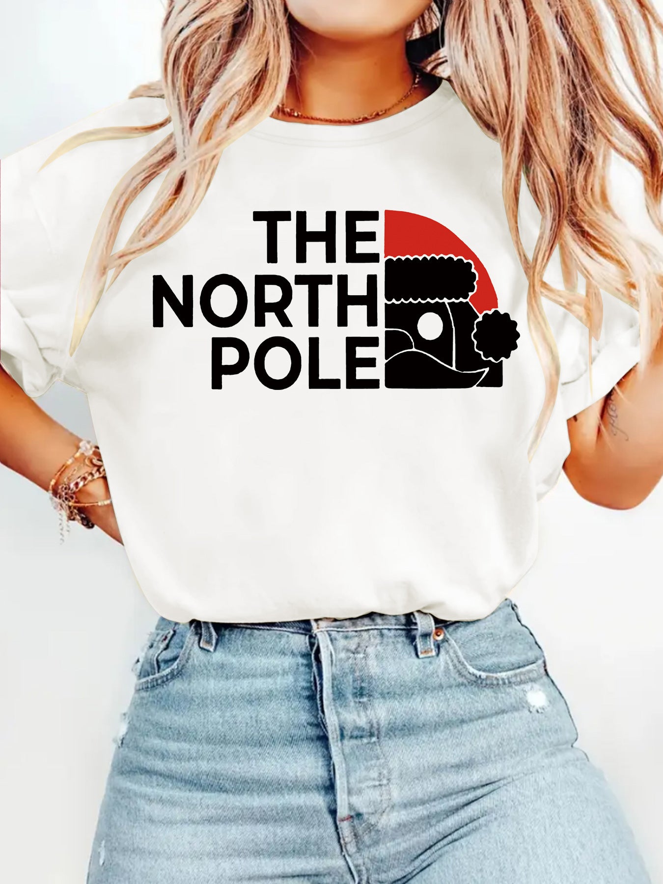 Short sleeved women's T-shirt with loose Santa Claus print Christmas Shirt North Pole