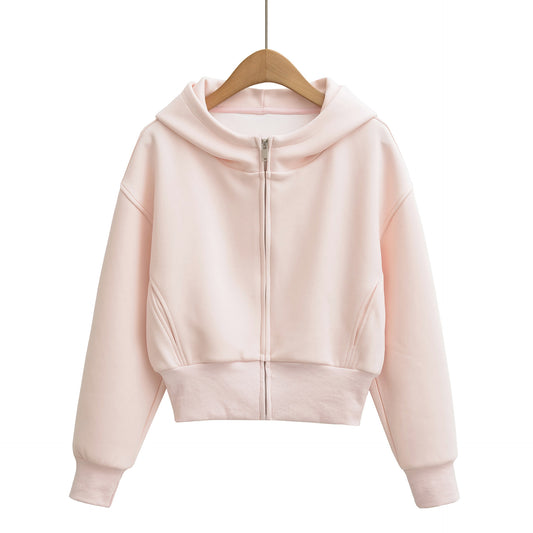 Luxury Minimalist Hooded Zipper Short Hoodie Jacket – Chic Commute Patchwork Long Sleeve Pullover for Women | Solid Color Casual Streetwear