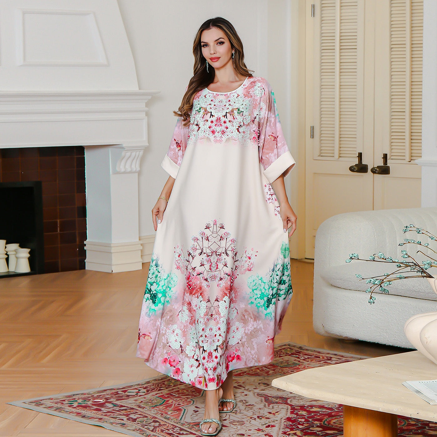 Summer New Moo Moo Printed Dress Party Middle East Long Dress Abaya Sequined Printed Robe