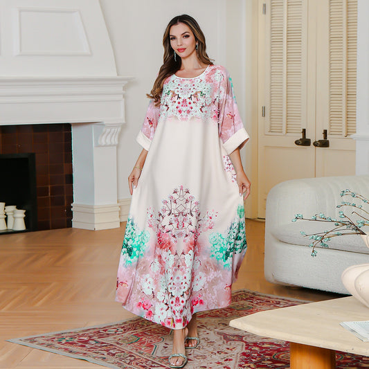 Summer New Moo Moo Printed Dress Party Middle East Long Dress Abaya Sequined Printed Robe