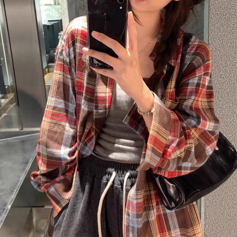 Women’s Retro Plaid Button Down Shirt – Color Block Loose Fit Blouse Top | Long Sleeve Casual Fall Layering Shirt | Mid-Length Oversized Flannel Style Sunscreen Cover-Up Retro Color Block Plaid Shirt Women Loose Fit Casual Sunscreen Blouse Top