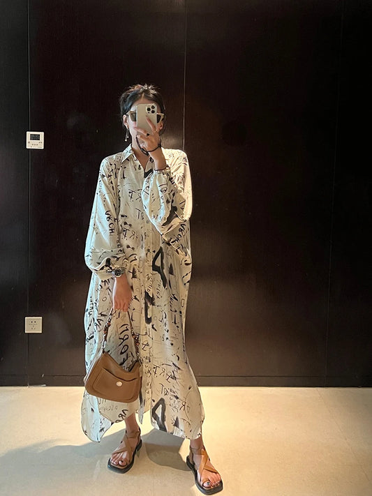 Luxury Modern Loose Chic Moo Moo Dress for Women – Printed Lantern Sleeve Oversized Long Shirt Dress | High-End Loose Fit Kaftan Style Farasha Dress