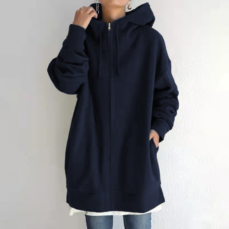 Street Style Plush Zip-Up Hoodie – Long Sleeve Solid Color Cardigan for Autumn & Winter, European and American Fashion Autumn and Winter New Personalized Street Sweater Zipper Hooded Long Plush Sweater