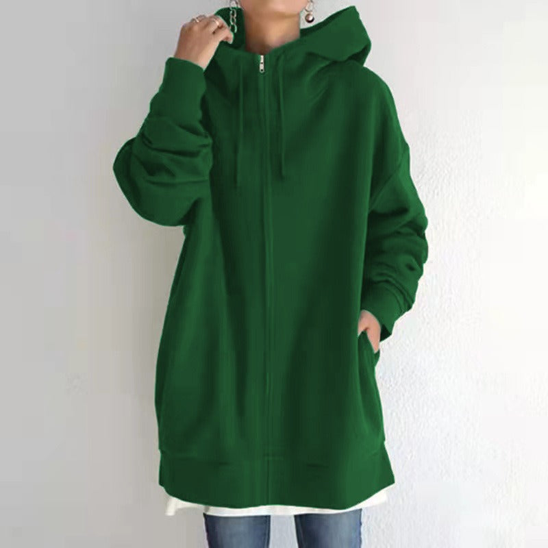 Street Style Plush Zip-Up Hoodie – Long Sleeve Solid Color Cardigan for Autumn & Winter, European and American Fashion Autumn and Winter New Personalized Street Sweater Zipper Hooded Long Plush Sweater