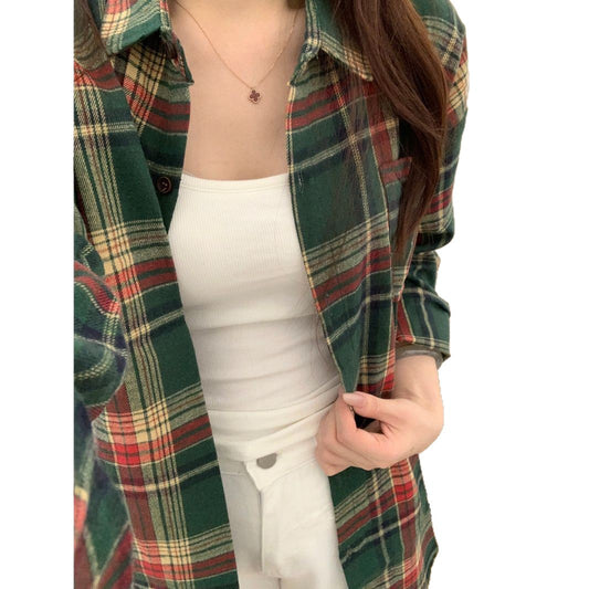Vintage Green Plaid Long Sleeve Shirt for Women – Brushed Soft Loose Fit Button-Up Top, Casual Fall Shacket Style Jacket – TikTok Viral Favorite Outfit