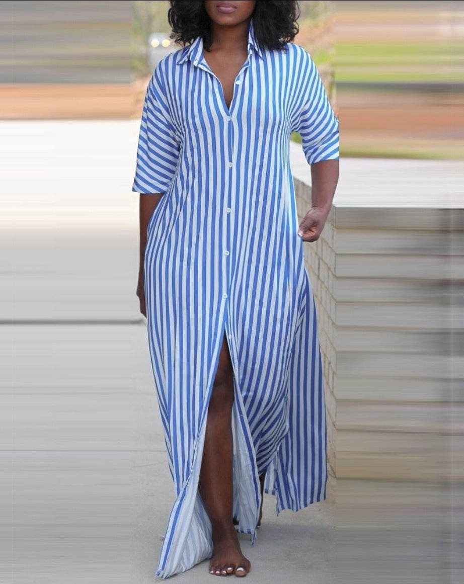 Mighty Lifestyle Loose V-Neck Long Striped Shirt Dress for Women