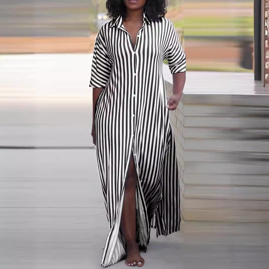 Mighty Lifestyle Loose V-Neck Long Striped Shirt Dress for Women