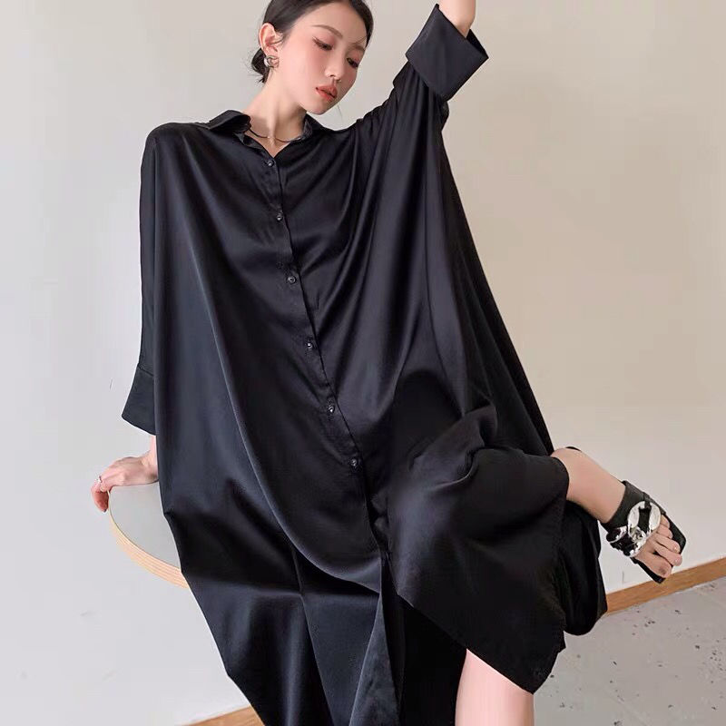 Spring New Black French High-End Niche Mid-Length Skirt Silk Shirt Loose Dress Women