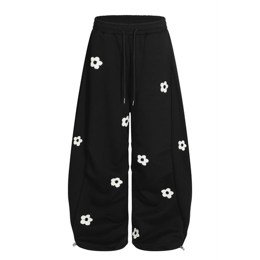 Viral Flower Embroidery Oversized Sweatpants for Men & Women – TikTok Streetwear Trend | Cozy Aesthetic Wide-Leg Joggers in Gray or Black