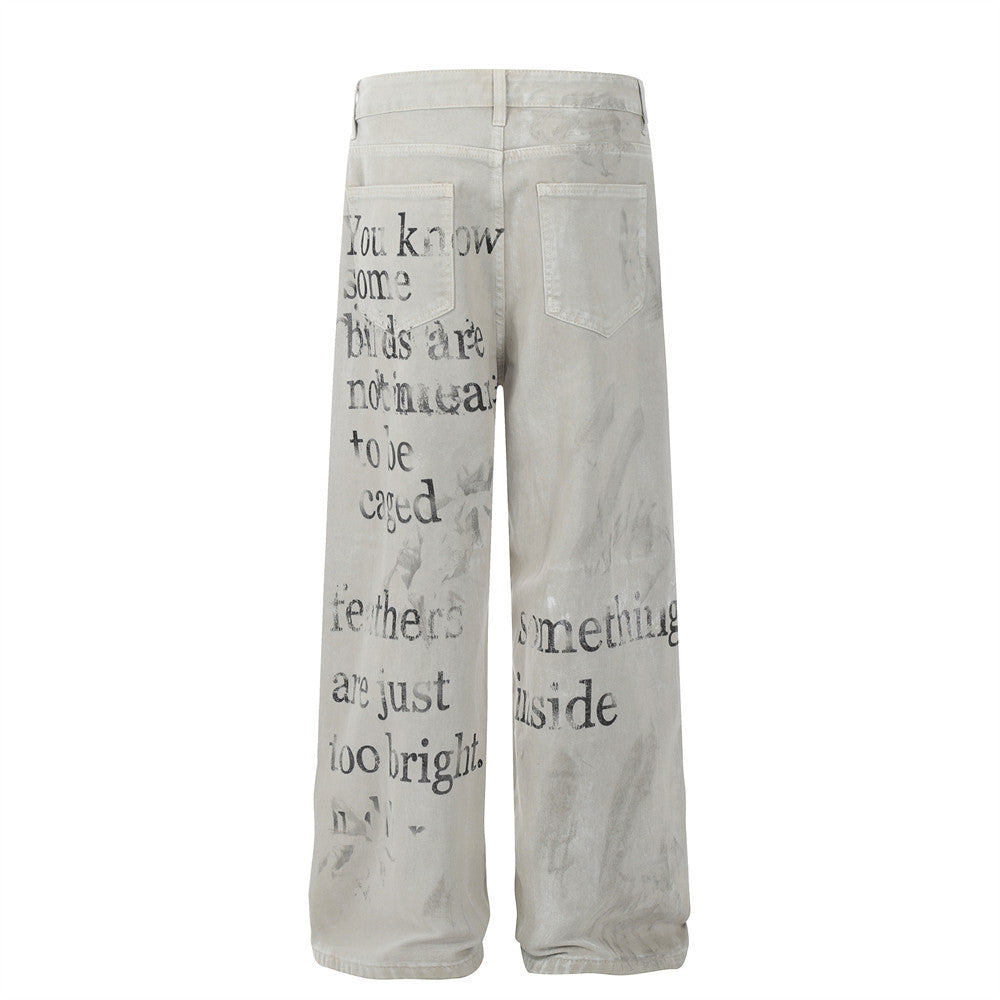 Stacked Slim Fit Jeans for Men – Viral TikTok Urban Streetwear Denim, Stretch Skinny Pants, Distressed Trendy Hip Hop Style Faded letter printed jeans
