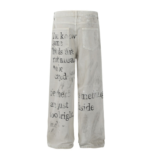 Stacked Slim Fit Jeans for Men – Viral TikTok Urban Streetwear Denim, Stretch Skinny Pants, Distressed Trendy Hip Hop Style Faded letter printed jeans