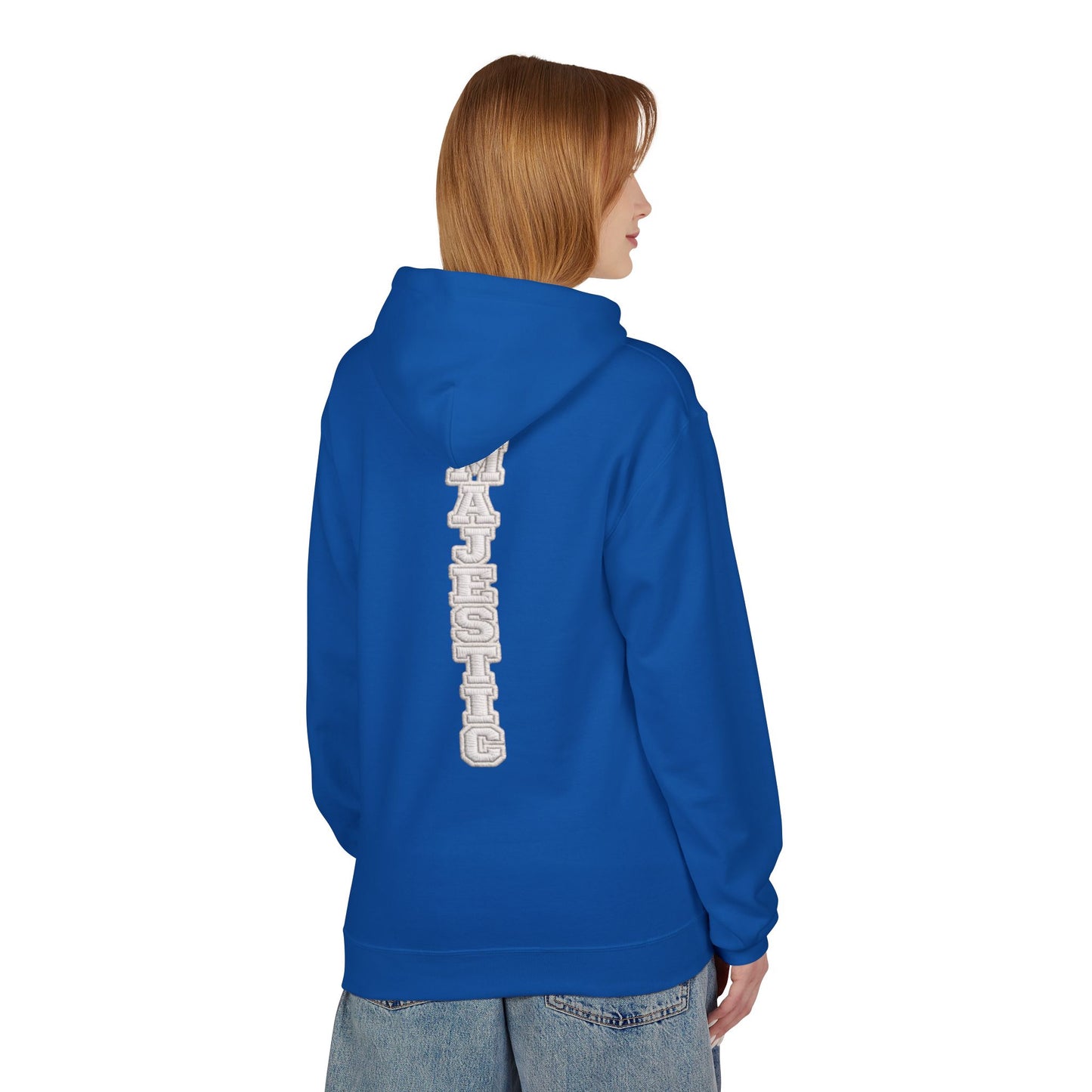 Majestic Vertical Text Hoodie — Minimal White Graphic Pullover Christian Hoodie Godly Hoodie Sports Hoodie Mighty Lifestyle Hoodie