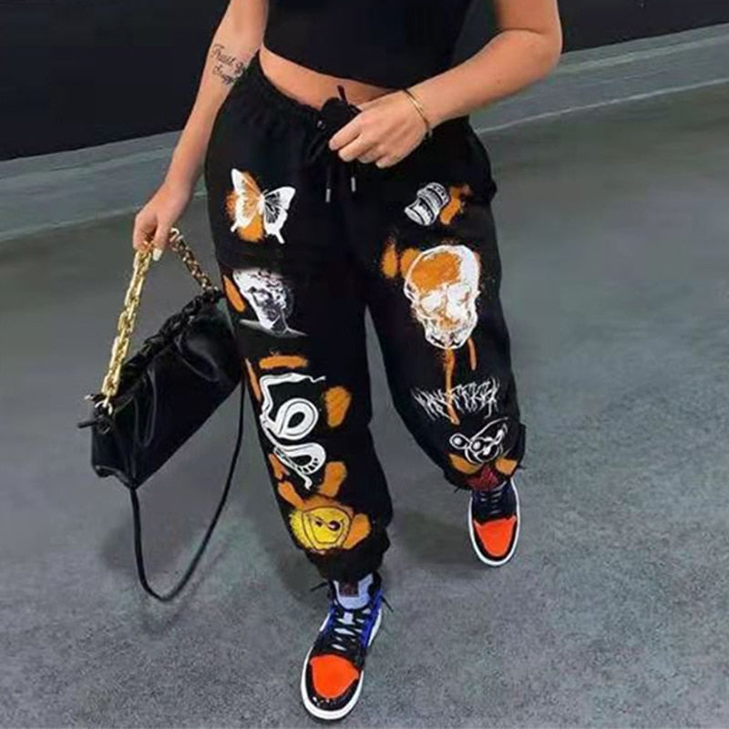 Trendy Sweat Pants Graphic Women Jogger Harajuku Cartoon Printed Trousers Jogger Drawstring Cargo Pant Streetwear Casual Sweatpant Autumn