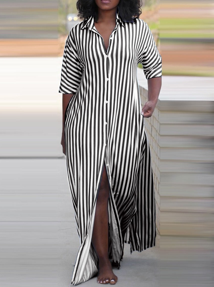 Mighty Lifestyle Loose V-Neck Long Striped Shirt Dress for Women