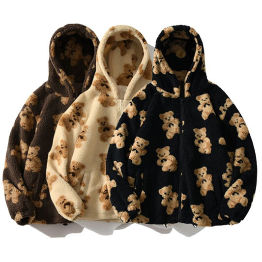 Women’s Teddy Bear Plush Hoodie – Cozy Thickened Winter Zip-Up Sweatshirt with Pockets | Soft Cartoon Bear Print Fleece Jacket | Viral Aesthetic Fall Sweater