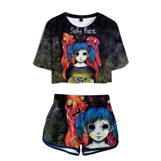 Sally Face Anime outfit | Manga | 3D Print Women Two Piece Outfits Conjunto Feminino Crop Top Elastic Waist Shorts Pants Sportwear Suits Matching Sets