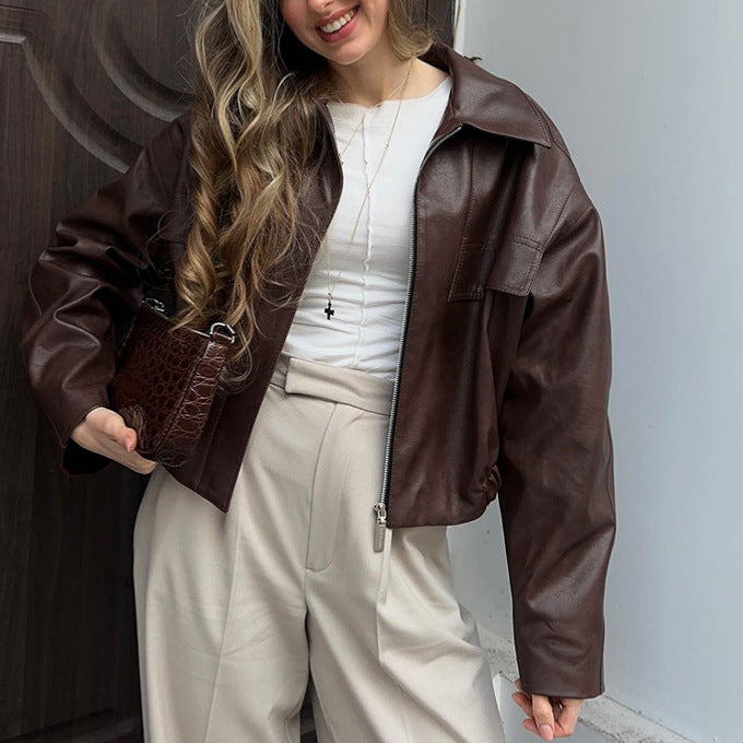 Versatile loose short pilot retro motorcycle style leather jacket for women