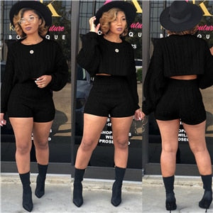 Trendy, Sexy Women Knitted Sweaters Two Piece Set O Neck Long Sleeve Loose Crop Top High Waist Shorts