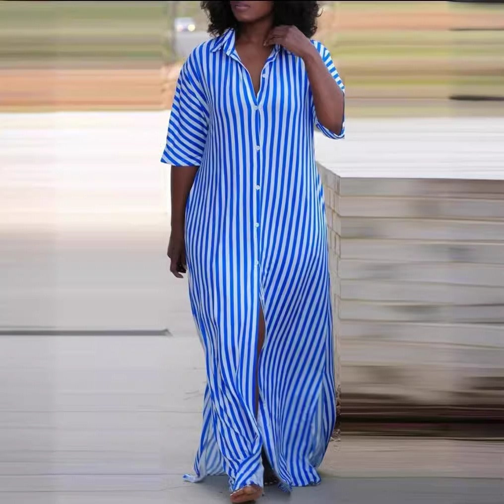 Mighty Lifestyle Loose V-Neck Long Striped Shirt Dress for Women