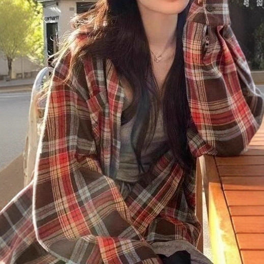 Women’s Retro Plaid Button Down Shirt – Color Block Loose Fit Blouse Top | Long Sleeve Casual Fall Layering Shirt | Mid-Length Oversized Flannel Style Sunscreen Cover-Up Retro Color Block Plaid Shirt Women Loose Fit Casual Sunscreen Blouse Top