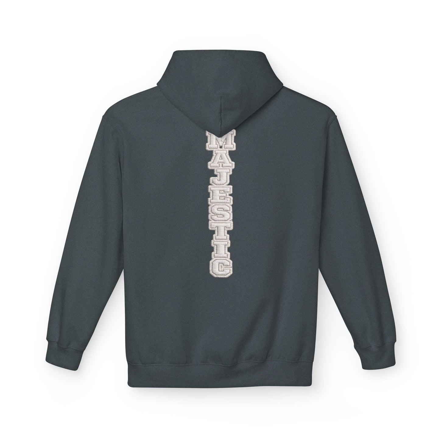 Majestic Vertical Text Hoodie — Minimal White Graphic Pullover Christian Hoodie Godly Hoodie Sports Hoodie Mighty Lifestyle Hoodie