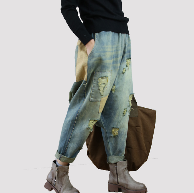 Women’s Vintage Patchwork Denim Baggy Pants – Loose Fit Wide-Leg Jeans with Elastic Waist – Boho Casual Frayed Streetwear Trousers Elastic Loose Oversized Casual Frayed Patch Denim Baggy Pants