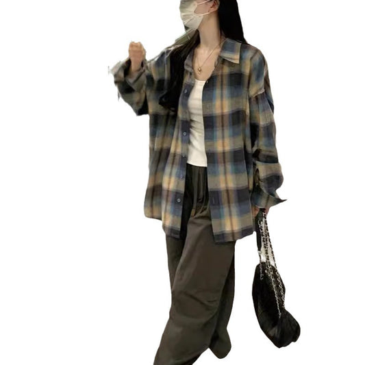 Retro Color Block Plaid Sunscreen Shirt Long Sleeve Loose Thin Collar Blouse Jacket Fitted Chic Outerwear