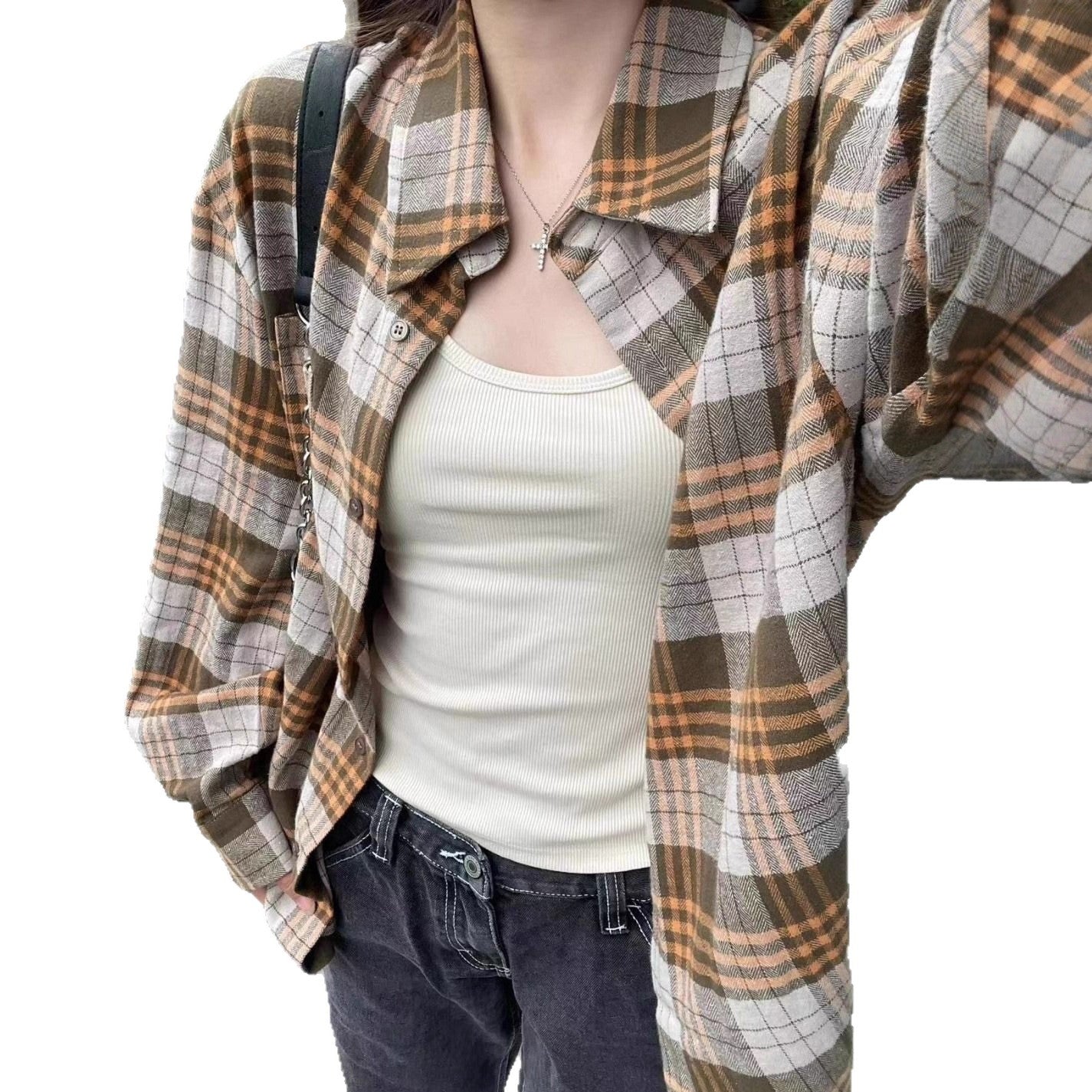 Women’s Plaid Button Up Shacket – Casual Loose Fit Long Sleeve Polo Collar Fall Jacket | Khaki Plaid Cardigan Blouse Top for Layering | Cozy Fall Outfit