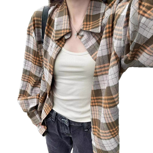 Women’s Plaid Button Up Shacket – Casual Loose Fit Long Sleeve Polo Collar Fall Jacket | Khaki Plaid Cardigan Blouse Top for Layering | Cozy Fall Outfit