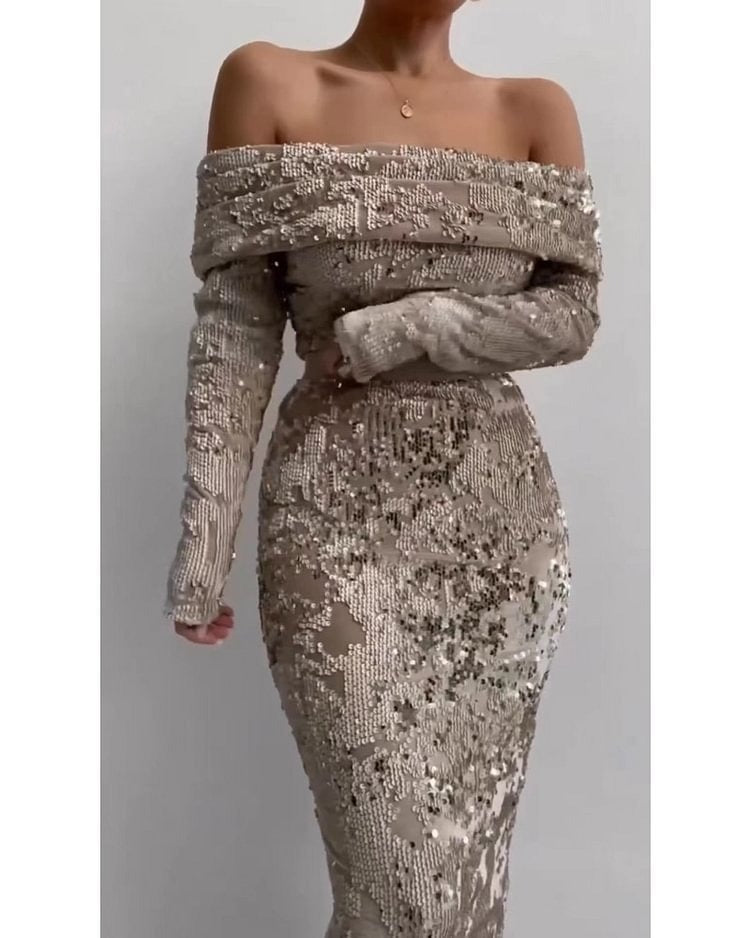 Mighty Lifestyle Wilhelmina Luxury Dress | Classy women's sequin hot stamping long dress banquet sexy dress dress