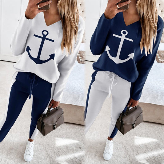 Mighty Lifestyle Women’s Boat Anchor Print Pant Set | Fashionable Casual Sailor-Inspired Outfit